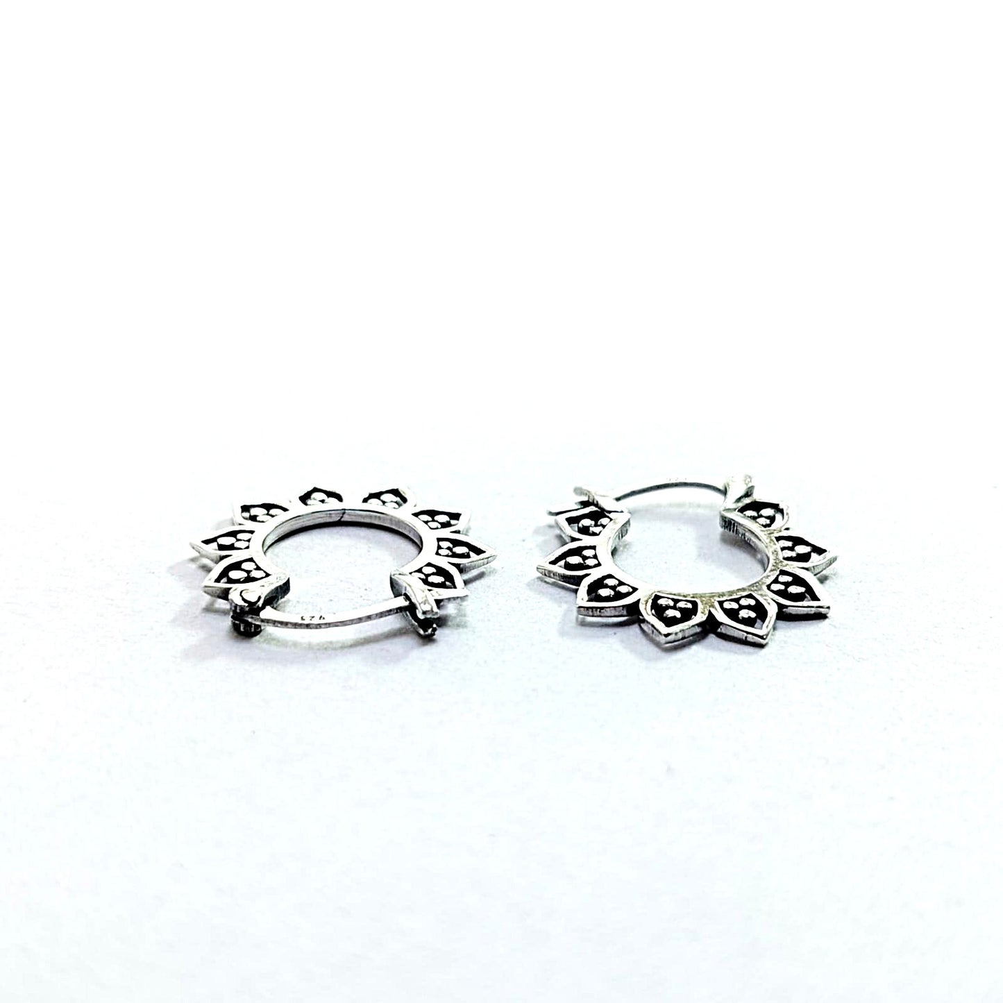 JSAJ 92.5 Pure Silver Oxidised 20mm Lotus Hoop Earrings for Women