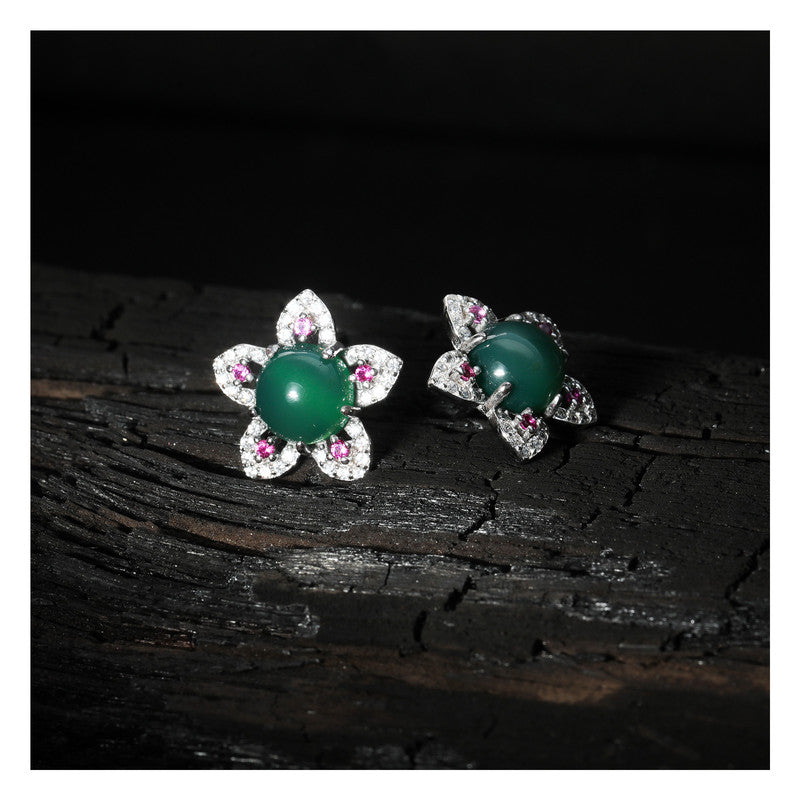 jsaj Silver 925 Sterling Silver Star Design with Green onyx stone Studds Tops Zercon Stone Studded Tiny Zercon Micro Setting of Stones Platinum Polish Studd For Womens or Girls