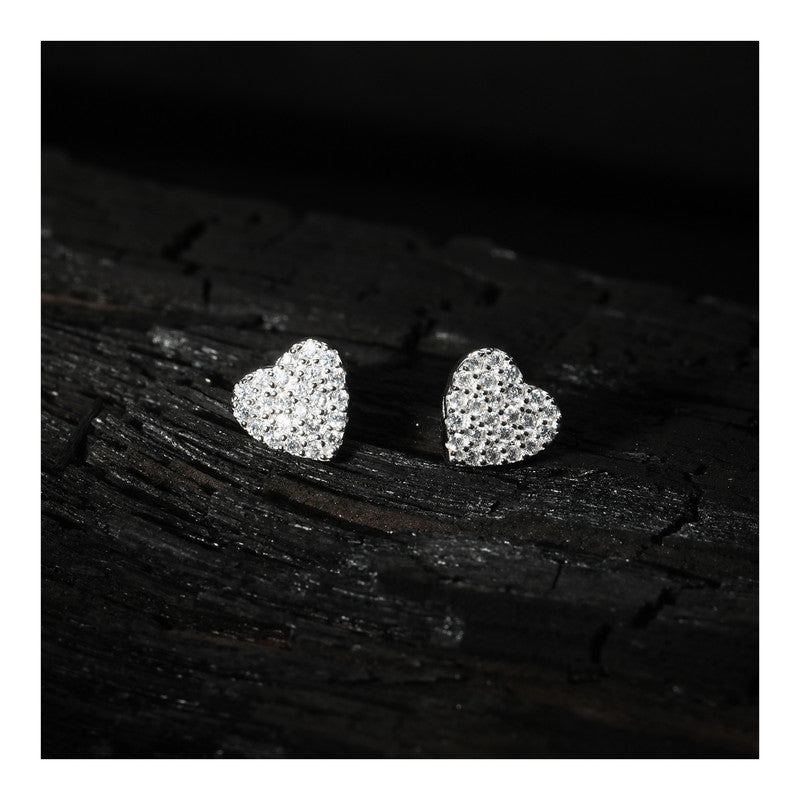 jsaj Silver 925 Sterling Silver Heart Shaps Studds Tops Zercon Stone Studded Tiny Zercon Micro Setting of Stones Platinum Polish Studd For Womens or Girls