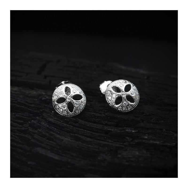 jsaj Silver 925 Sterling Silver Circle With Flowers Studds Tops Zercon Stone Studded Tiny Zercon Micro Setting of Stones Platinum Polish Studd For Womens or Girls