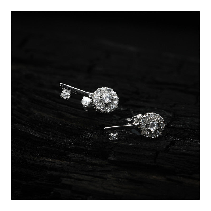 jsaj Silver 925 Sterling Silver Key Design Studds Tops Zercon Stone Studded Tiny Zercon Micro Setting of Stones Platinum Polish Studd For Womens or Girls