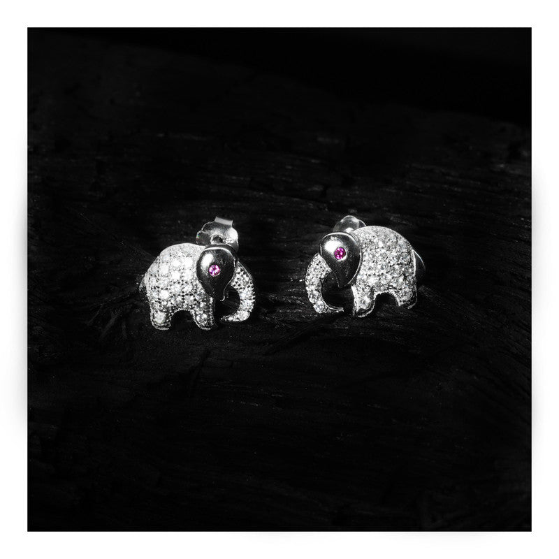 jsaj Silver 925 Sterling Silver Baby Elephants Design Studds Tops Zercon Stone Studded Tiny Zercon Micro Setting of Stones Platinum Polish Studd For Womens or Girls