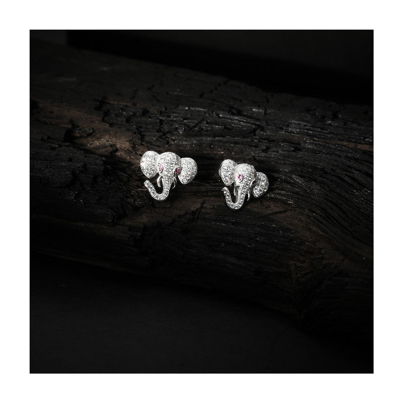 jsaj Silver 925 Sterling Silver Elephants Face Design Studds Tops Zercon Stone Studded Tiny Zercon Micro Setting of Stones Platinum Polish Studd For Womens or Girls