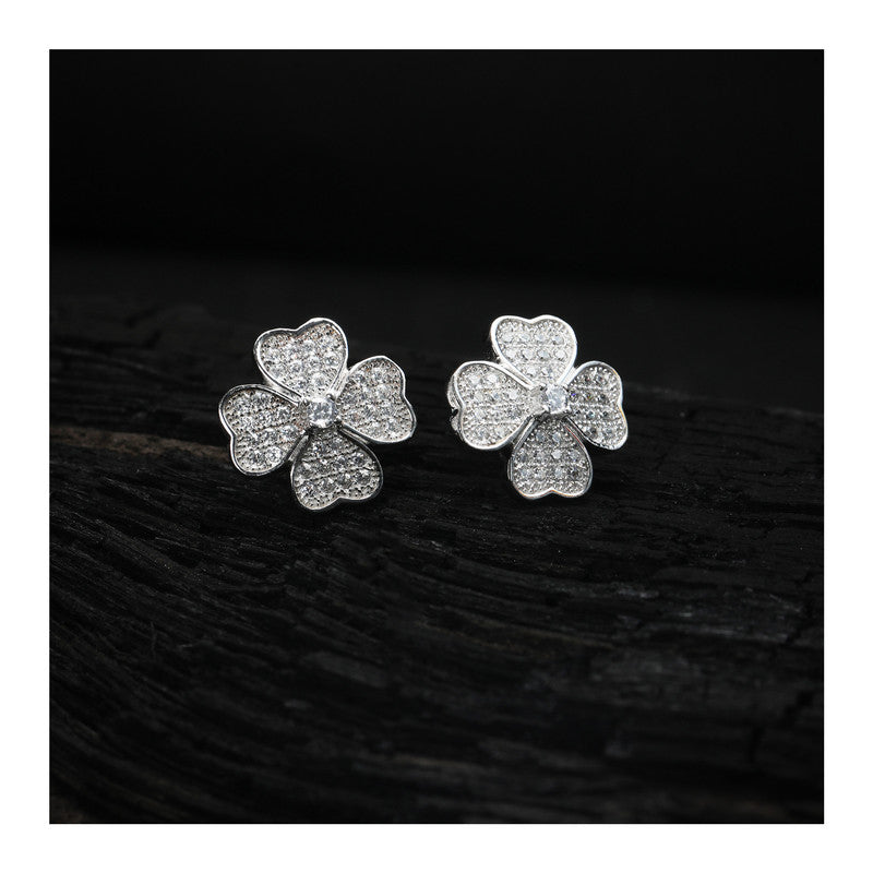 jsaj Silver 925 Sterling Silver Heart Shap Leaves Design Studds Tops Zercon Stone Studded Tiny Zercon Micro Setting of Stones Platinum Polish Studd For Womens or Girls
