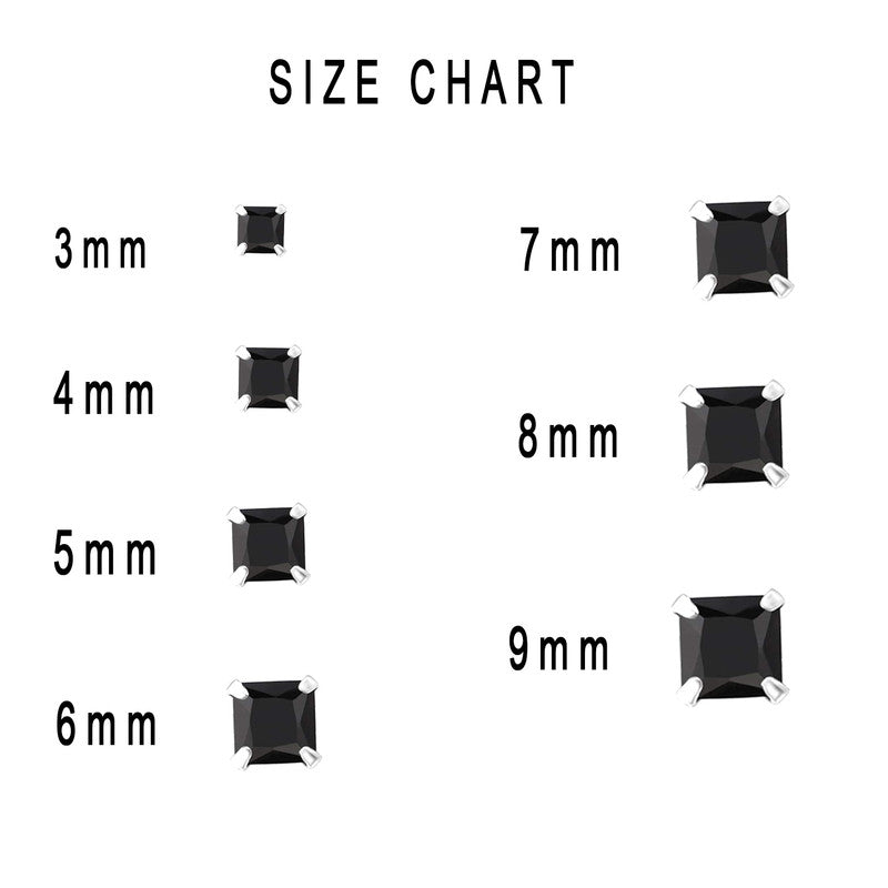 JSAJ 925 sterling silver square black onyx stone studs, available in sizes from 3 to 9 mm, perfect for girls and women