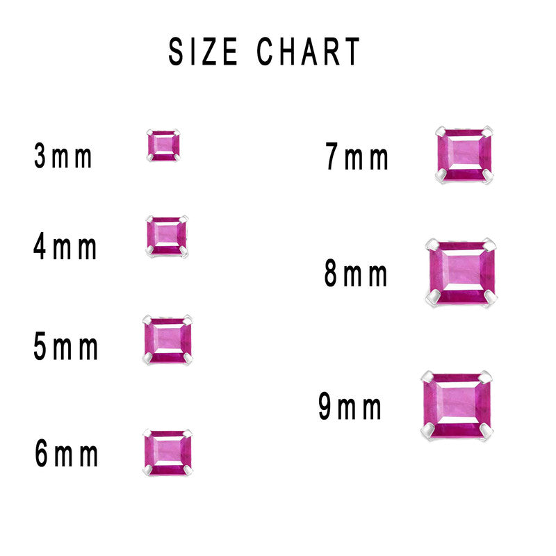 JSAJ 925 sterling silver square Ruby stone studs, available in sizes from 3 to 9 mm, perfect for girls and women