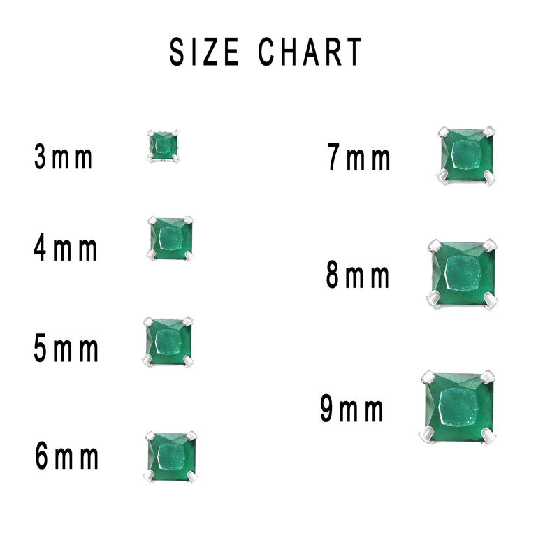 JSAJ 925 sterling silver square Emerald stone studs, available in sizes from 3 to 9 mm, perfect for girls and women