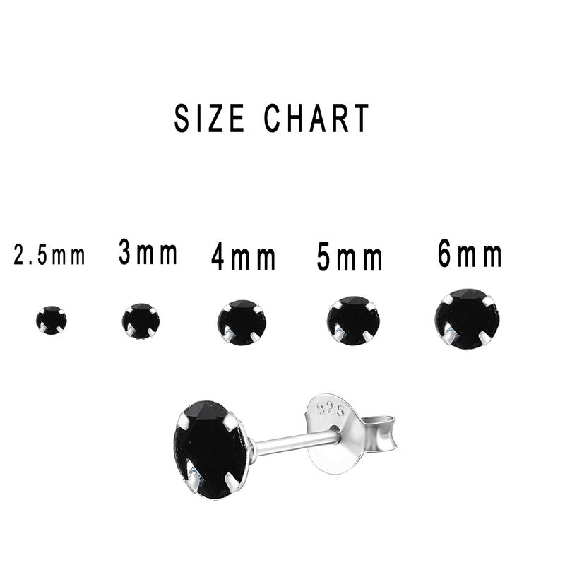 JSAJ 925 sterling silver Round Black Onyx stone studs, available in sizes from 2.5 to 6 mm, perfect for girls and women