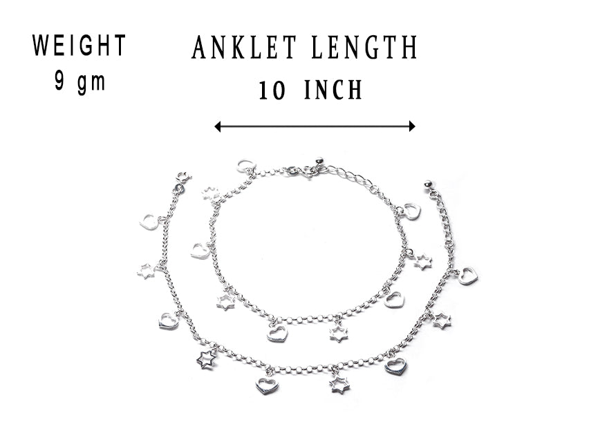 JSAJ Silver 925 Sterling Silver Heart Star Charms Anklet for Womens Girls handmade Anklet Payal