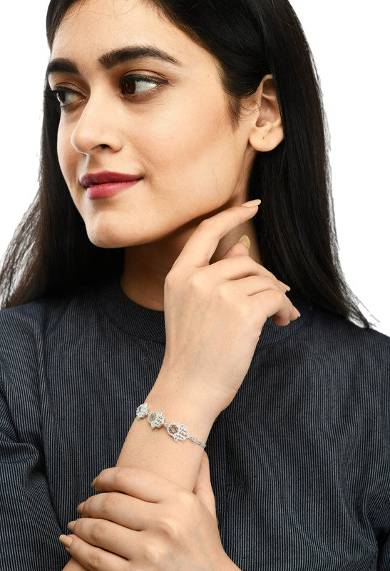 JSAJ Fatima hand Bracelet 92.5 Sterling Silver Fatima hand studded with white Zercon flexible bracelet for Girls Women's Comfortable Durable