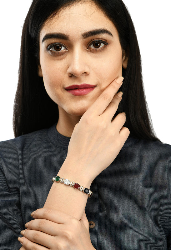 JSAJ Navratan bracelet 92.5 Sterling Silver Navgrah stone flexible bracelet real 9 stone for Girls Women's Comfortable Durable