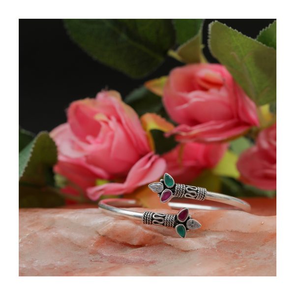 92.5 Sterling Silver Multi colour ruby green onyx Zircon flexible handmade bangle adustable  unbreakable for girls and women