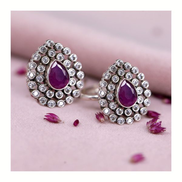 JSAJ PAAN OR HEART SHAPE MULTI COLOR TOERING CHUTKI BICHIYA IN RUBY WITH ZIRCONIA STONE IN STERLING SILVER WHICH IS UNBREAKABLE DURABLE COMFORTABLE FOR GIRLS AND WOMENS IN PURE SILVER