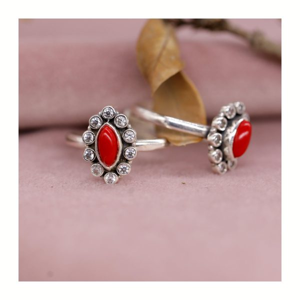 JSAJ MARQIS OR KISHTI SHAPE MULTI COLOR TOERING CHUTKI BICHIYA IN ORANGE ONYX OR RED STONE WITH ZIRCONIA OR AMERICAN DIAMOND STONE IN STERLING SILVER WHICH IS UNBREAKABLE DURABLE COMFORTABLE FOR GIRLS AND WOMENS IN PURE SILVER