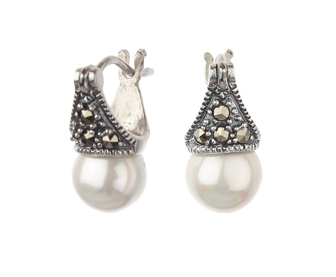 JSAJ 92.5 Sterling Silver dyna bali with pearl with marcasite earing hanging dangler for Girls and Womens