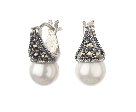 JSAJ 92.5 Sterling Silver dyna bali with pearl with marcasite earing hanging dangler for Girls and Womens