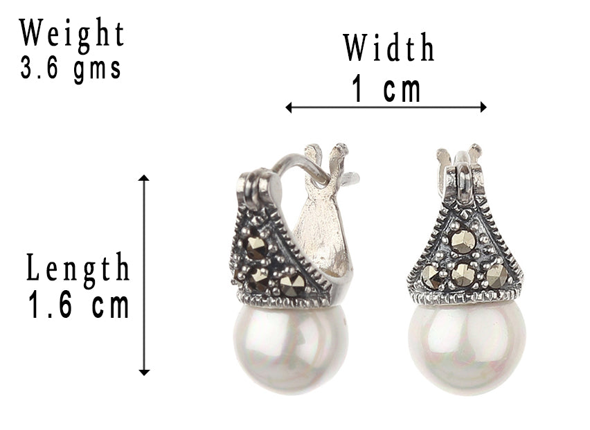 JSAJ 92.5 Sterling Silver dyna bali with pearl with marcasite earing hanging dangler for Girls and Womens