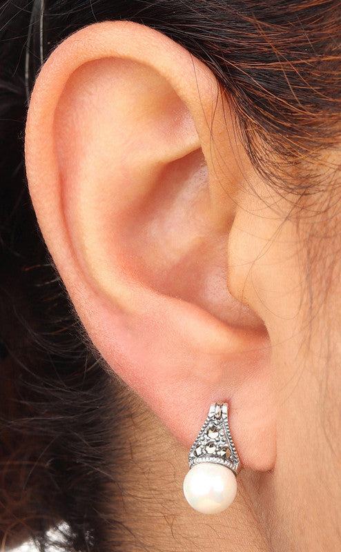 JSAJ 92.5 Sterling Silver dyna bali with pearl with marcasite earing hanging dangler for Girls and Womens
