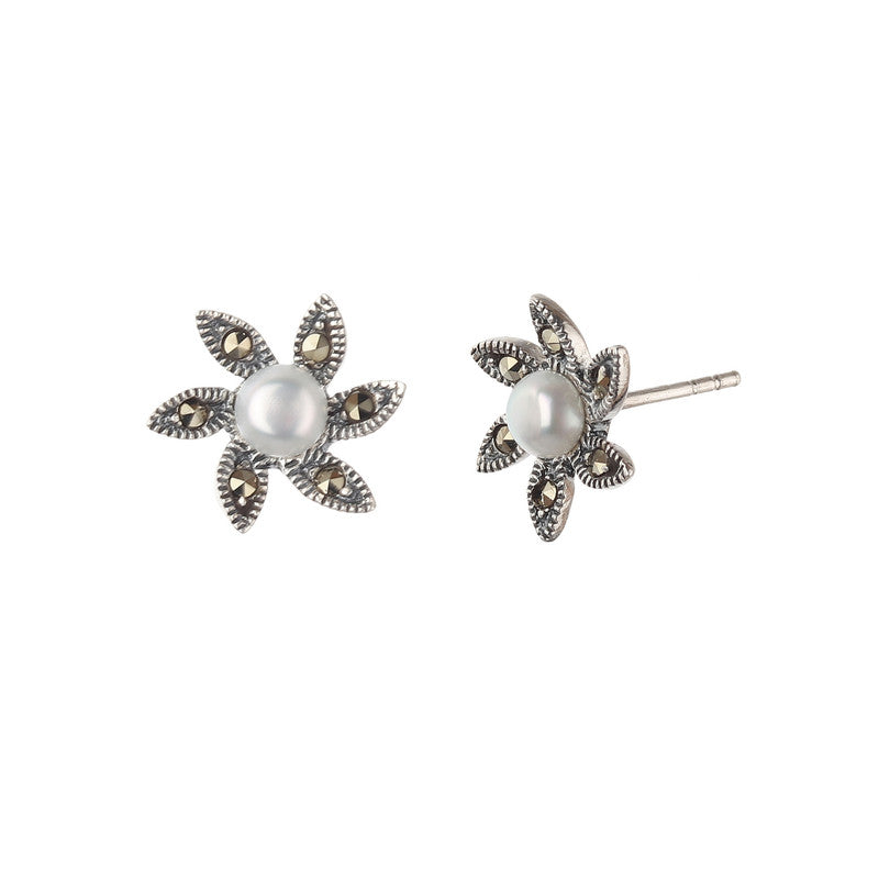 JSAJ 92.5 Sterling Silver genuine silver tops studds Pearl tops with marcasite earing for Girls and Womens