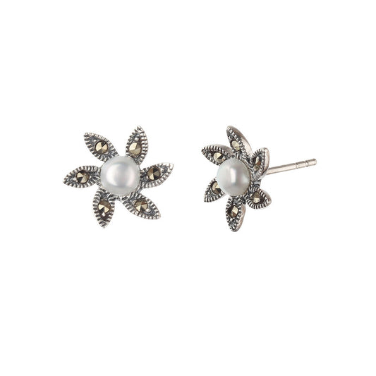 JSAJ 92.5 Sterling Silver genuine silver tops studds Pearl tops with marcasite earing for Girls and Womens