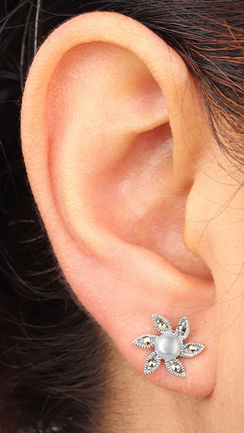 JSAJ 92.5 Sterling Silver genuine silver tops studds Pearl tops with marcasite earing for Girls and Womens