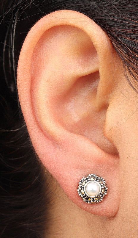 JSAJ 92.5 sterling Silver genuine silver tops studds pearl tops with marcasite earing for Girls and Womens