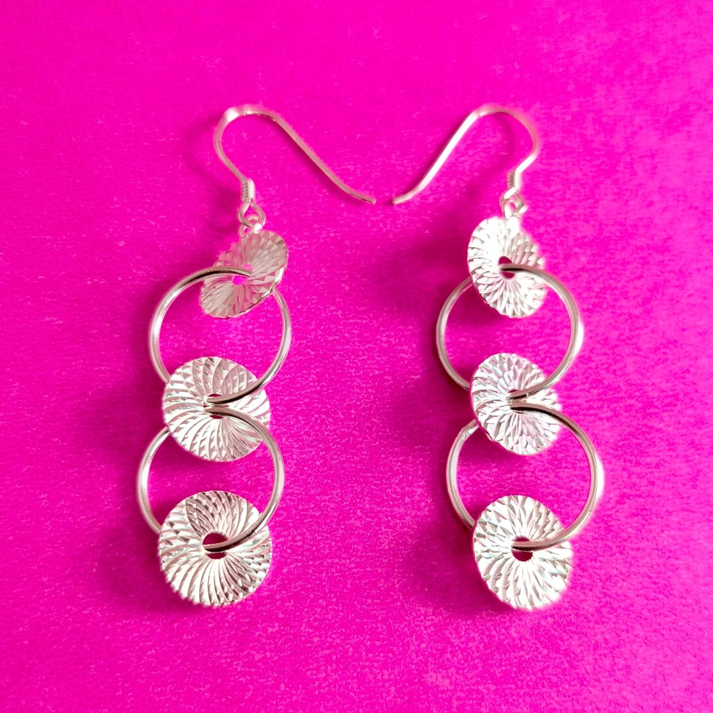 JSAJ 925 sterling silver laser-cut carved three-line long hanging dangler earrings for girls and women