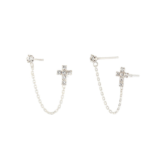 JSAJ 925 Sterling Silver Double Hole Cross Stud Earrings for Girls and Women