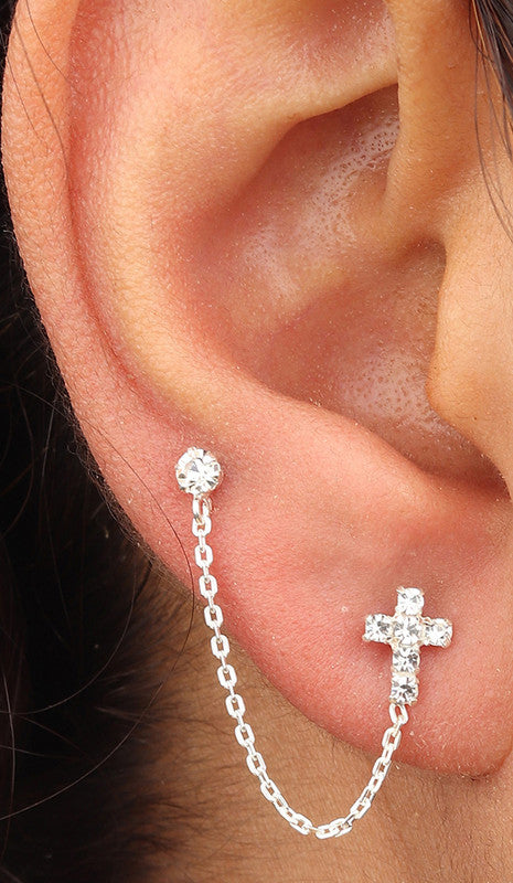 JSAJ 925 Sterling Silver Double Hole Cross Stud Earrings for Girls and Women