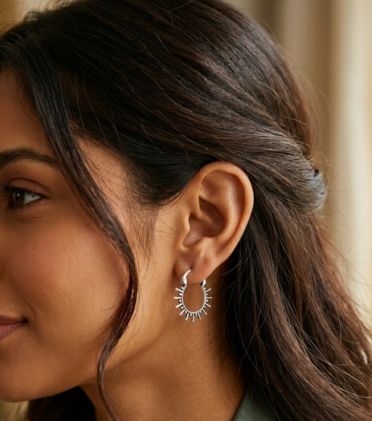 JSAJ 92.5 Pure Silver Oxidized Boho Sun Flare Hoop Bali Earring For Girls And Womens