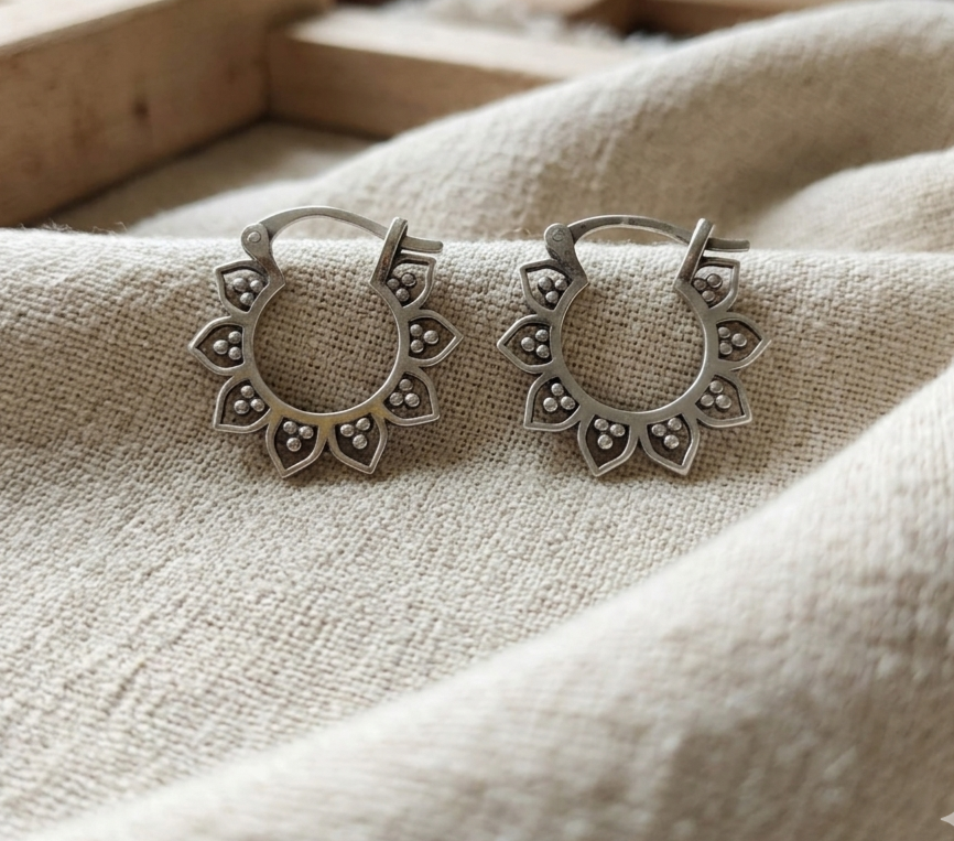 JSAJ 92.5 Pure Silver Oxidised 20mm Lotus Hoop Earrings for Women