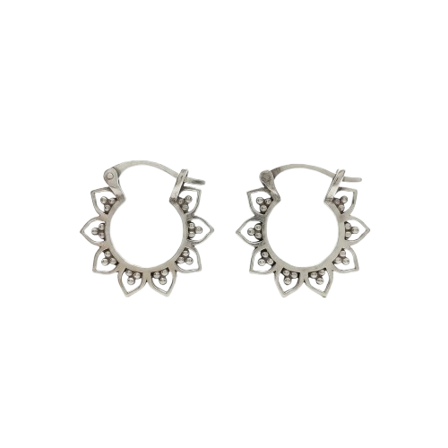 JSAJ 92.5 Pure Silver Oxidised 20mm Lotus Hoop Earrings for Women