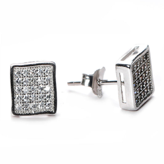 jsaj Silver 925 Sterling Silver Rectangle Design Studds Tops Zercon Stone Studded Tiny Zercon Micro Setting of Stones Platinum Polish Studd For Womens or Girls