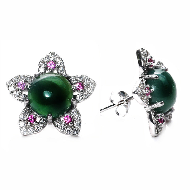 jsaj Silver 925 Sterling Silver Star Design with Green onyx stone Studds Tops Zercon Stone Studded Tiny Zercon Micro Setting of Stones Platinum Polish Studd For Womens or Girls