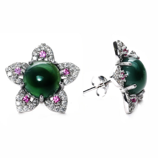 jsaj Silver 925 Sterling Silver Star Design with Green onyx stone Studds Tops Zercon Stone Studded Tiny Zercon Micro Setting of Stones Platinum Polish Studd For Womens or Girls