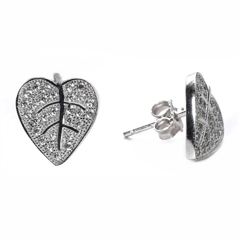 jsaj Silver 925 Sterling Silver Leaves Design Studds Tops Zercon Stone Studded Tiny Zercon Micro Setting of Stones Platinum Polish Studd For Womens or Girls