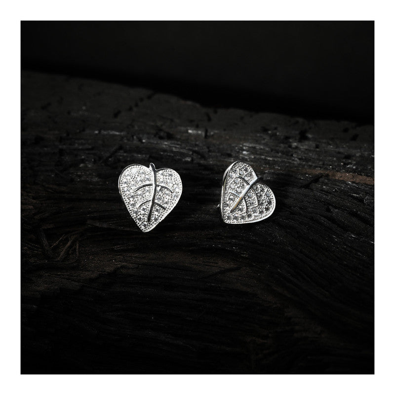 jsaj Silver 925 Sterling Silver Leaves Design Studds Tops Zercon Stone Studded Tiny Zercon Micro Setting of Stones Platinum Polish Studd For Womens or Girls