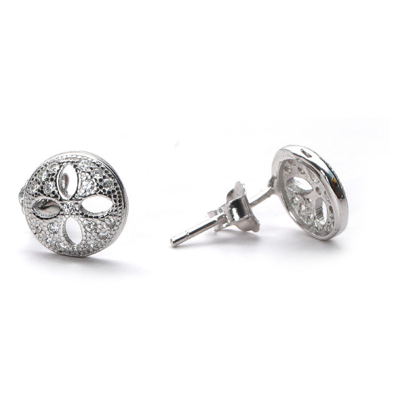 jsaj Silver 925 Sterling Silver Circle With Flowers Studds Tops Zercon Stone Studded Tiny Zercon Micro Setting of Stones Platinum Polish Studd For Womens or Girls