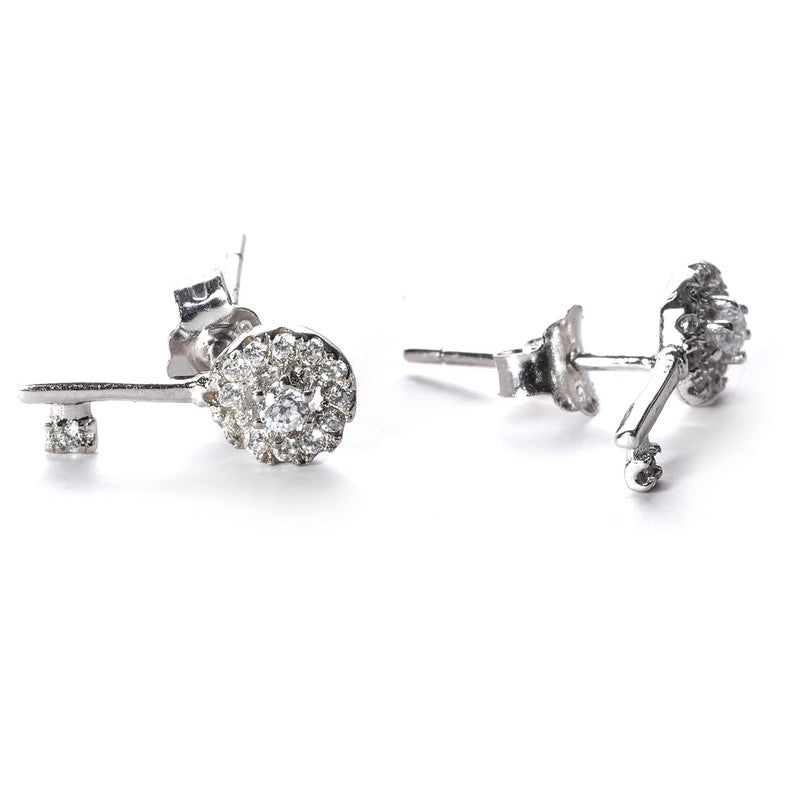 jsaj Silver 925 Sterling Silver Key Design Studds Tops Zercon Stone Studded Tiny Zercon Micro Setting of Stones Platinum Polish Studd For Womens or Girls