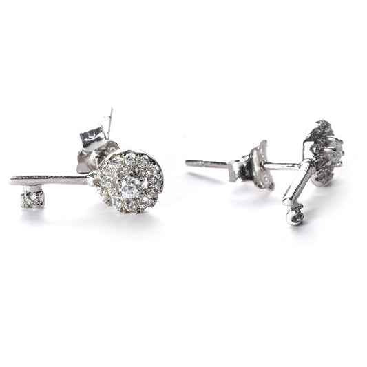 jsaj Silver 925 Sterling Silver Key Design Studds Tops Zercon Stone Studded Tiny Zercon Micro Setting of Stones Platinum Polish Studd For Womens or Girls