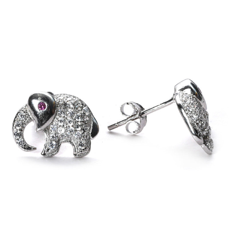 jsaj Silver 925 Sterling Silver Baby Elephants Design Studds Tops Zercon Stone Studded Tiny Zercon Micro Setting of Stones Platinum Polish Studd For Womens or Girls