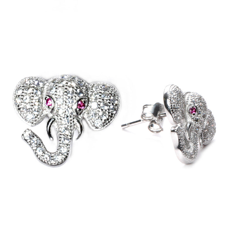 jsaj Silver 925 Sterling Silver Elephants Face Design Studds Tops Zercon Stone Studded Tiny Zercon Micro Setting of Stones Platinum Polish Studd For Womens or Girls