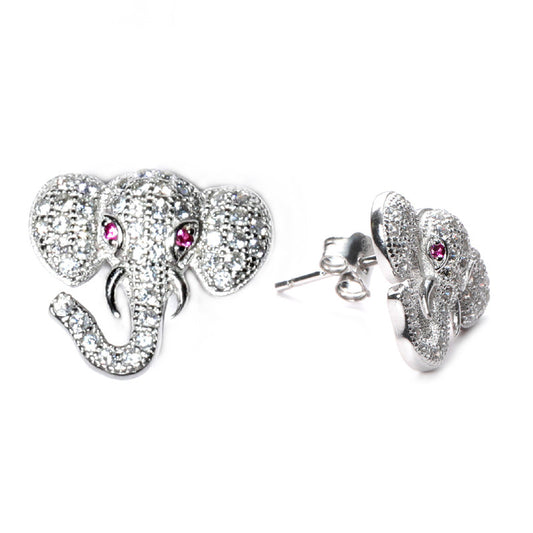 jsaj Silver 925 Sterling Silver Elephants Face Design Studds Tops Zercon Stone Studded Tiny Zercon Micro Setting of Stones Platinum Polish Studd For Womens or Girls