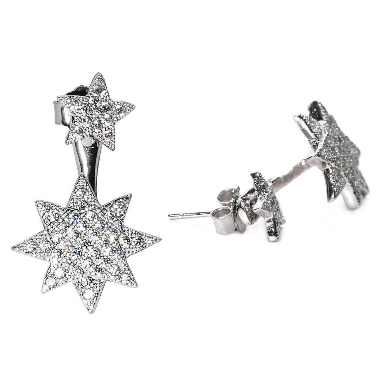 jsaj Silver 925 Sterling Silver Double stars Studds Tops Zercon Stone Studded Tiny Zercon Micro Setting of Stones Platinum Polish Studd For Womens or Girls