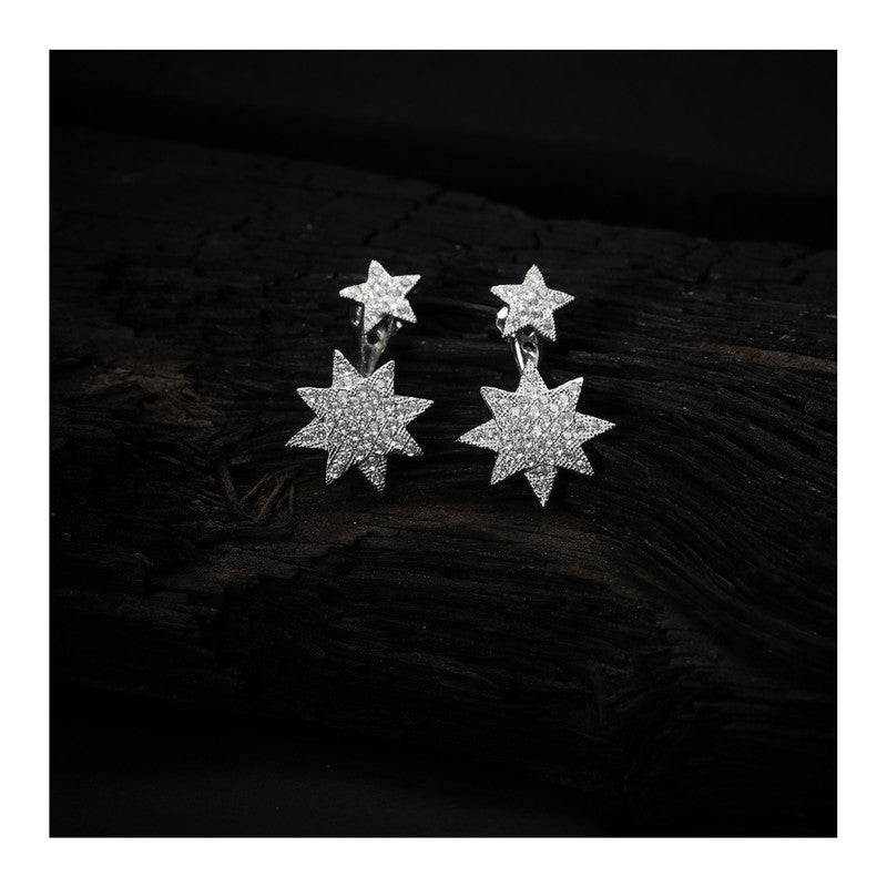 jsaj Silver 925 Sterling Silver Double stars Studds Tops Zercon Stone Studded Tiny Zercon Micro Setting of Stones Platinum Polish Studd For Womens or Girls