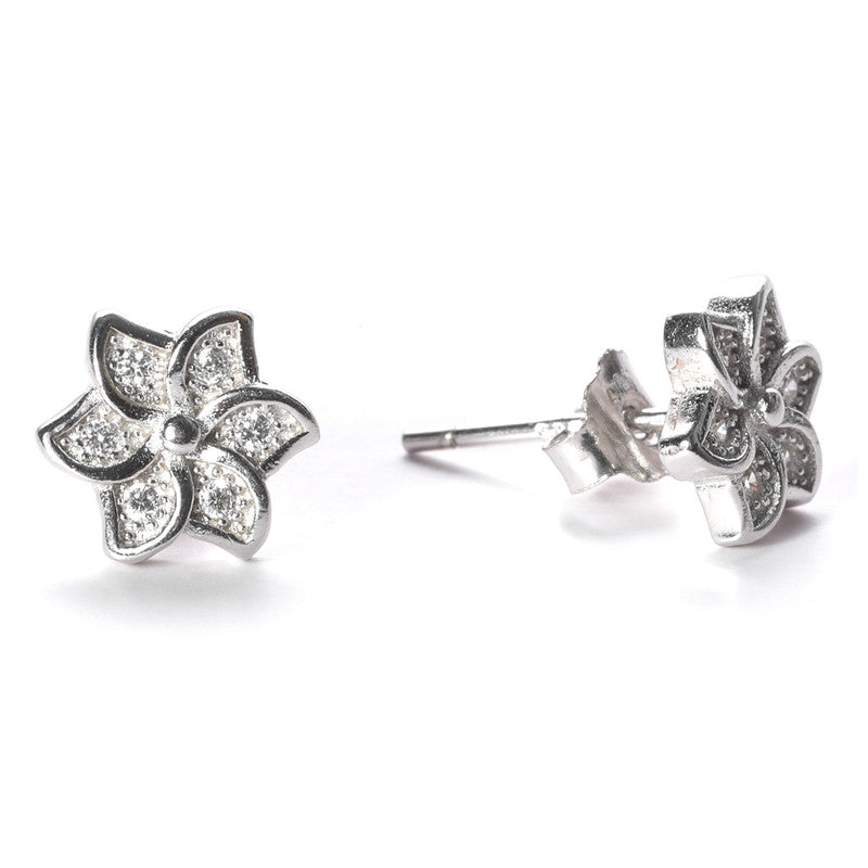 jsaj Silver 925 Sterling Silver Lotus Design Studds Tops Zercon Stone Studded Tiny Zercon Micro Setting of Stones Platinum Polish Studd For Womens or Girls