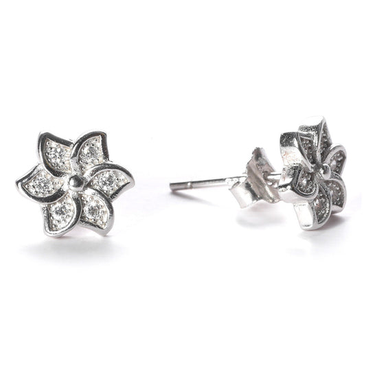 jsaj Silver 925 Sterling Silver Lotus Design Studds Tops Zercon Stone Studded Tiny Zercon Micro Setting of Stones Platinum Polish Studd For Womens or Girls