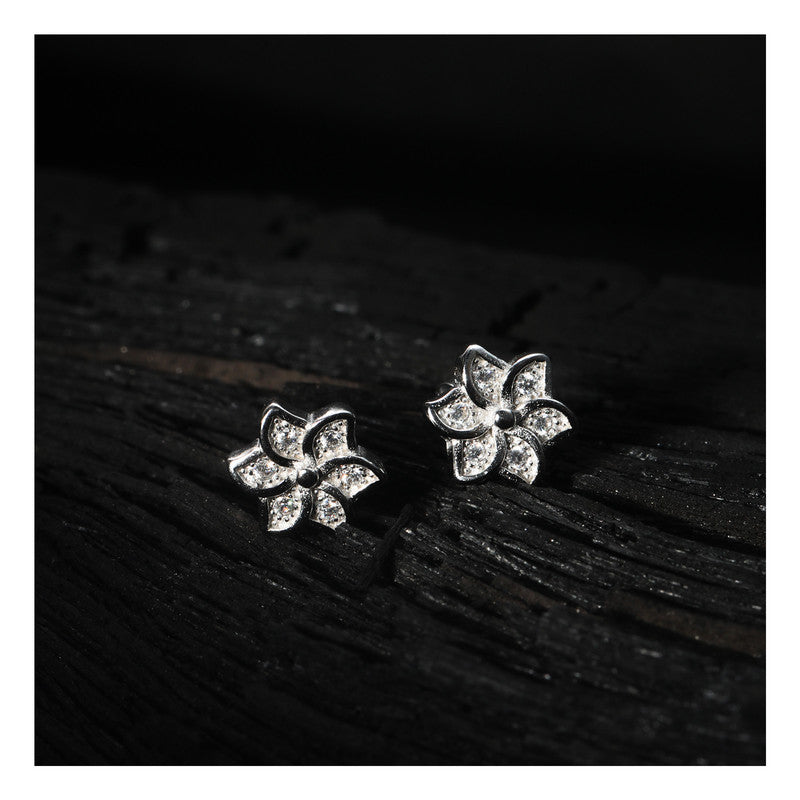 jsaj Silver 925 Sterling Silver Lotus Design Studds Tops Zercon Stone Studded Tiny Zercon Micro Setting of Stones Platinum Polish Studd For Womens or Girls