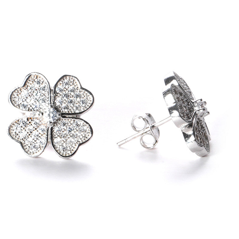 jsaj Silver 925 Sterling Silver Heart Shap Leaves Design Studds Tops Zercon Stone Studded Tiny Zercon Micro Setting of Stones Platinum Polish Studd For Womens or Girls