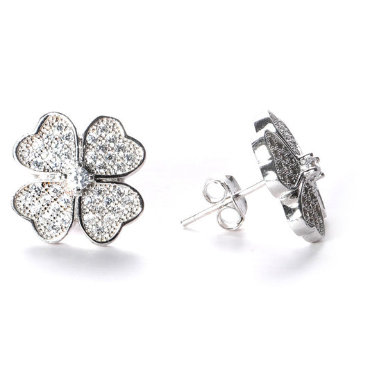 jsaj Silver 925 Sterling Silver Heart Shap Leaves Design Studds Tops Zercon Stone Studded Tiny Zercon Micro Setting of Stones Platinum Polish Studd For Womens or Girls